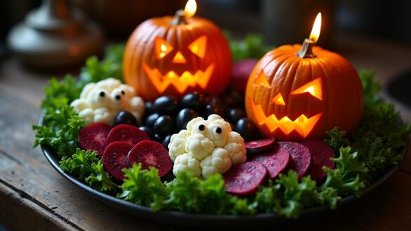 halloween themed fruit arrangement