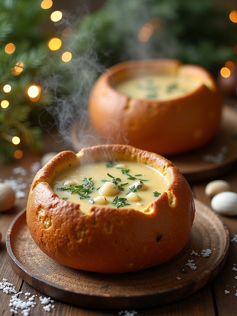clam chowder served in bread