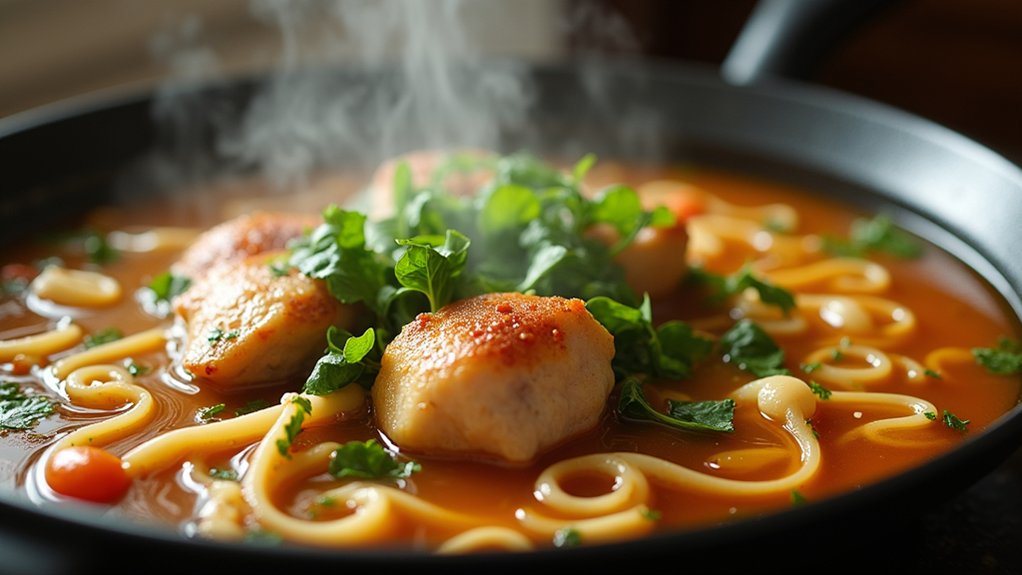 broth and noodles combined